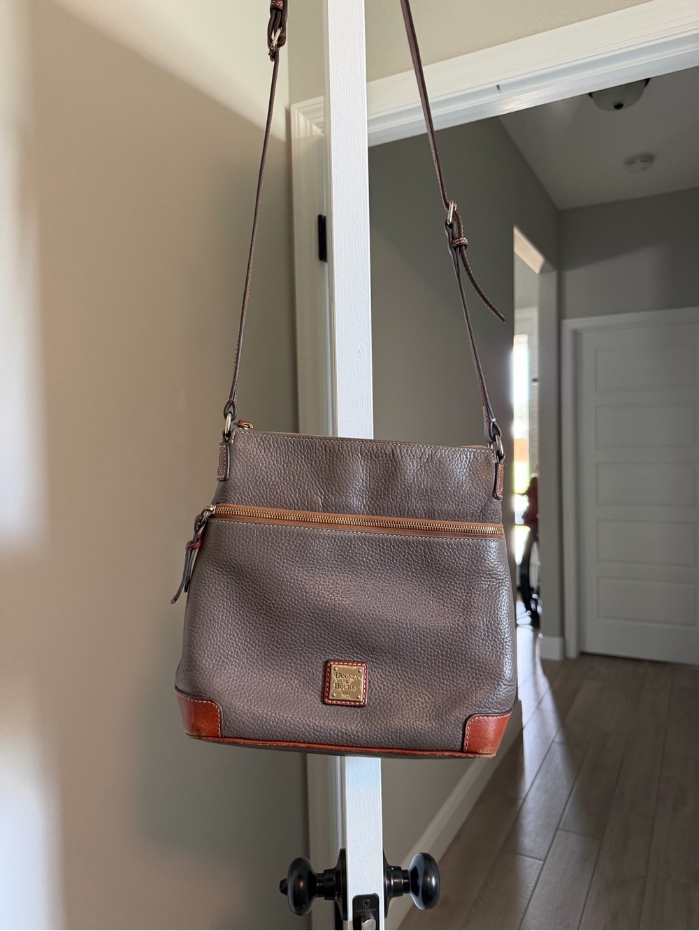 Dooney & Bourke Brown Pebbled Leather Crossbody with Tan Trim
